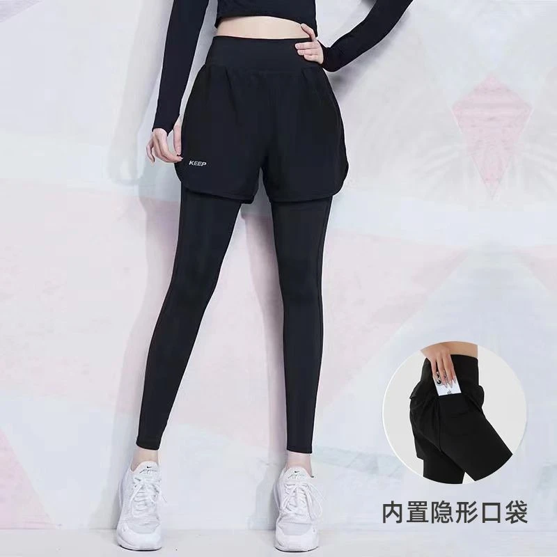 健身裤女假两件跑步瑜伽裤高腰提臀高弹力紧身外穿训练速干运动裤