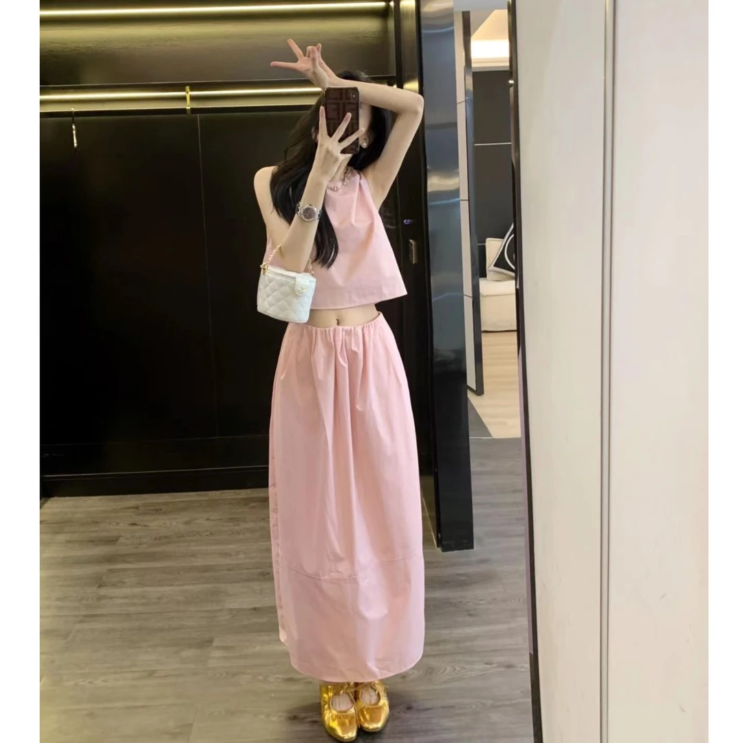 2023新款简约韩版高级感御姐气质短款无袖上衣茧型半身裙套装女夏