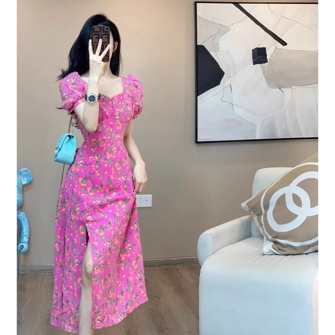 2023夏季新款高级感法式气质收腰显瘦显白碎花开叉长裙连衣裙女