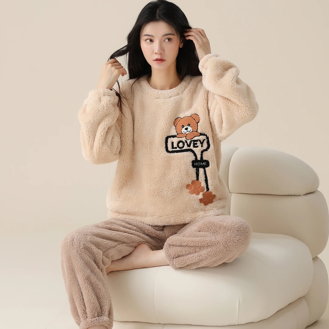 2025新款冬季保暖睡衣女珊瑚绒加绒加厚卡通可爱套装家居服可外穿