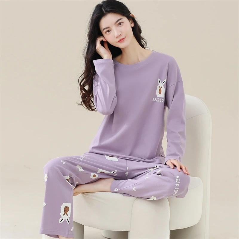纯棉睡衣女款春秋季薄款休闲卡通长袖女士秋季女式睡衣全棉可外穿