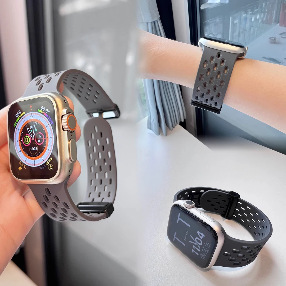 适用iwatch8苹果S9手表applewatch9表带S8硅胶S7运动男磁吸扣表带