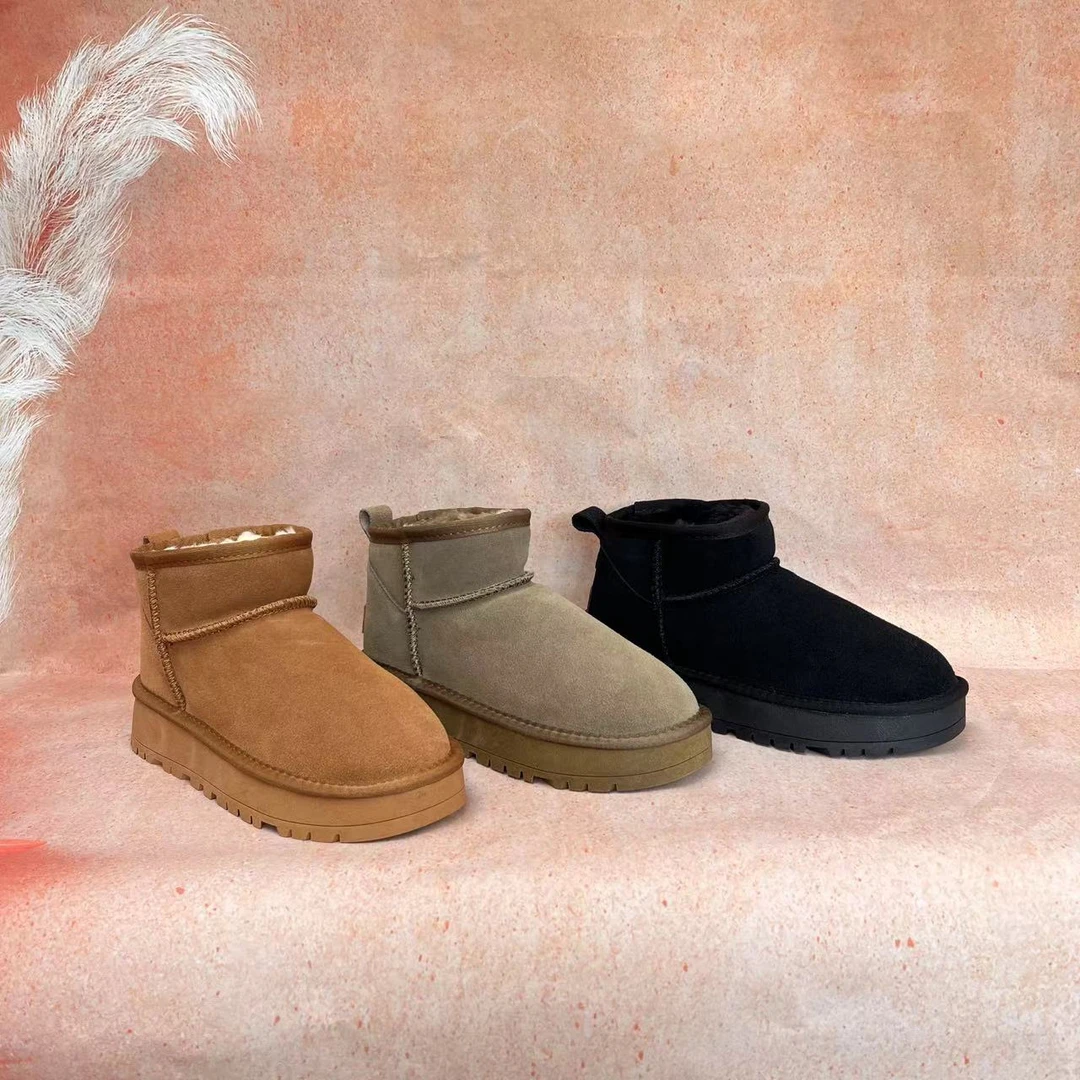 冬雨同款mini真皮雪地靴加厚底短筒加绒短靴增高3.5防滑保暖女鞋