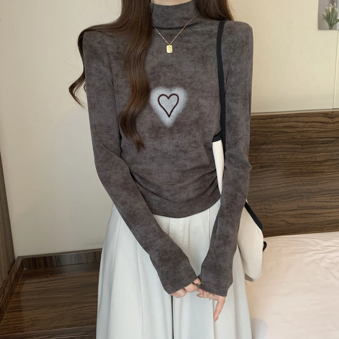 德秋冬绒修身打底衫大码2023新款设计感爱心高领长袖T恤褶皱上衣
