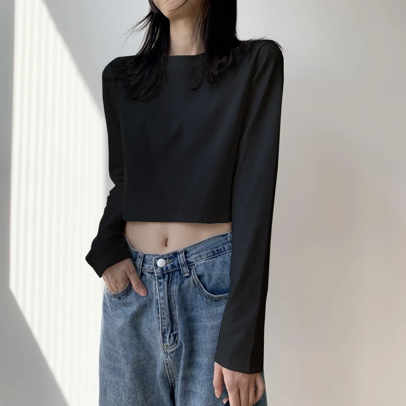 【3.9元福利品 不接受差评】设计感纯色长袖T恤女短款露脐上衣长