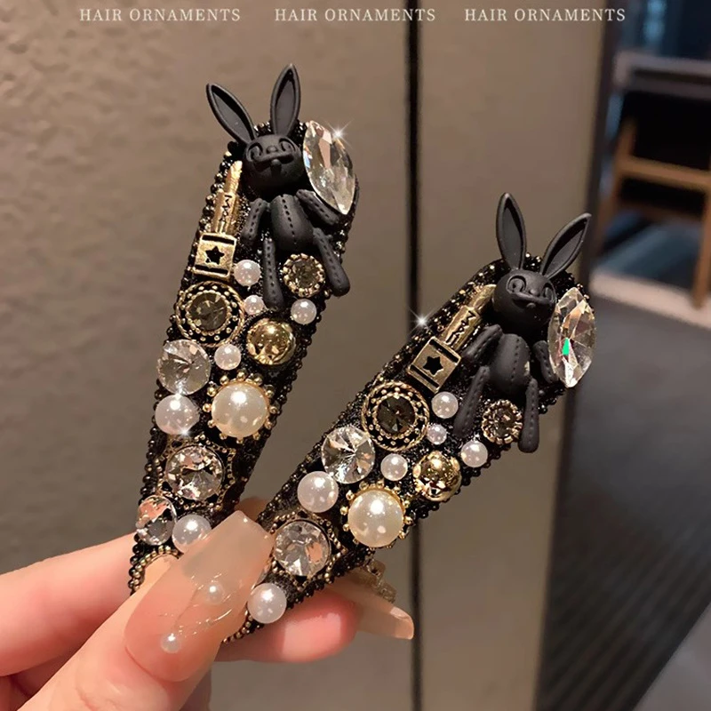 气质重工满钻兔子发夹小香香复古刘海bb夹轻奢高级感一字夹侧边夹