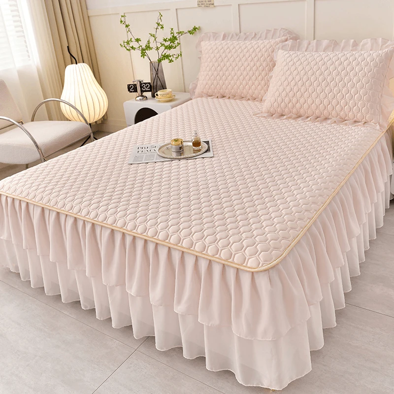 水星家纺适用简约新款凉感丝乳胶床裙凉席防滑床可机洗三件套加厚