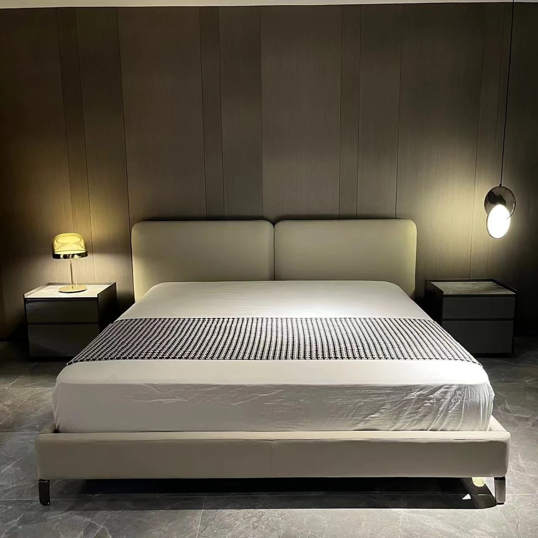 意式极简双屏床半皮卧室靠包极简皮艺主卧床实木框架头层牛皮半皮