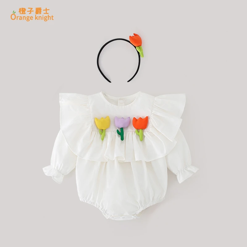 婴儿新款春秋装连体衣韩版甜美木耳花边长袖三角包屁衣公主哈衣