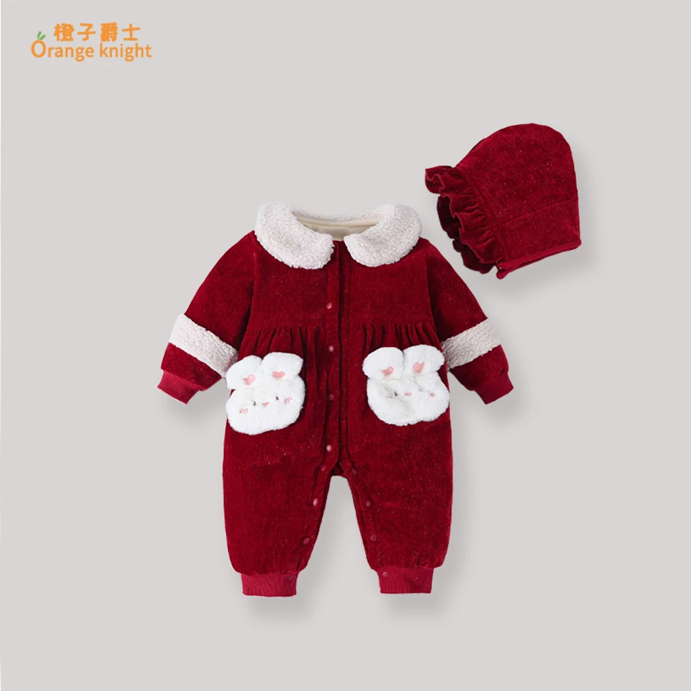 婴儿秋冬季加厚保暖衣服女宝宝甜美可爱长袖连体衣新年百天礼服