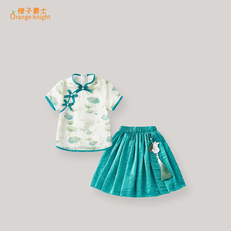 宝宝新中式套装夏季女童中国风复古短袖上衣半身裙汉服两件套薄款