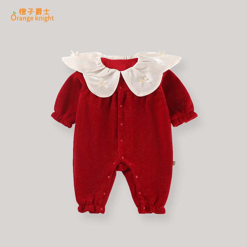 女宝宝冬季喜庆衣服洋气公主百天满月礼服周岁哈衣长袖过年连体衣