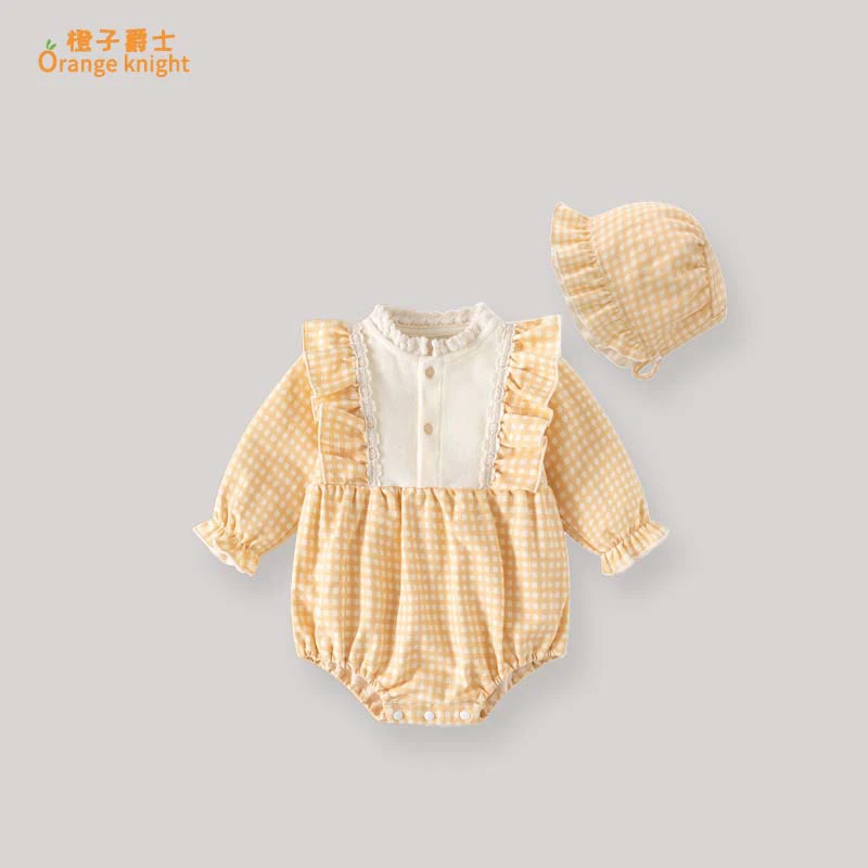 女宝宝秋冬季薄绒加厚衣服甜美可爱格子花边圆领长袖三角包屁衣