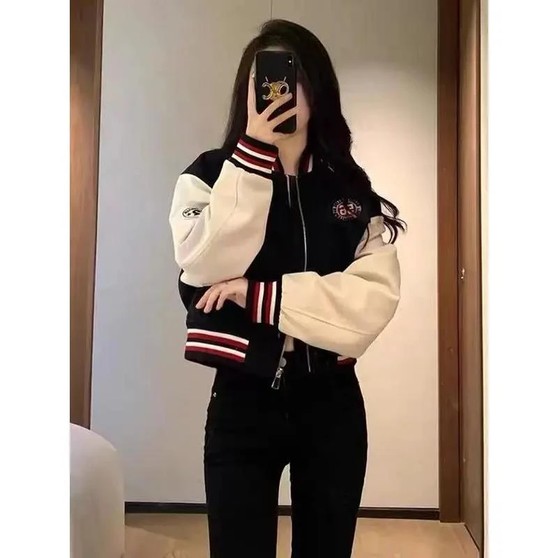 2023春季新款撞色拼接运动棒球服小香风短款夹克上衣外套女
