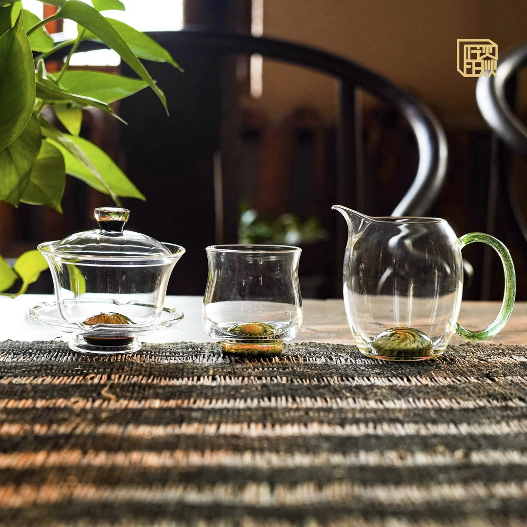 晶焱公杯盖碗主人杯三件套-绿蓝粉手工套组纯手工耐热炫彩