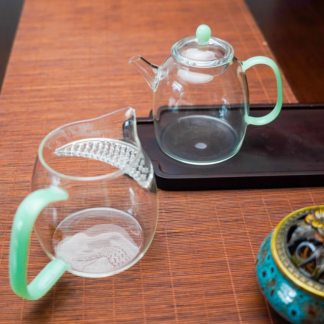 秦权壶+公道杯透明质感茶壶耐热高硼硅玻璃办公室泡茶壶晶焱日式