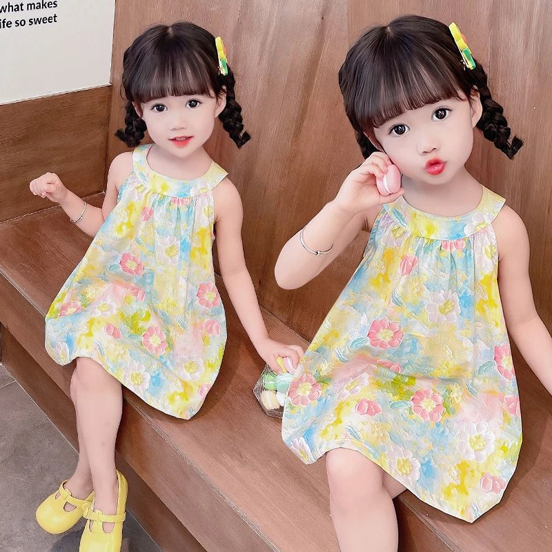 2024夏季新款碎花晕染油画风清新泡泡棉吊带裙女童连衣裙