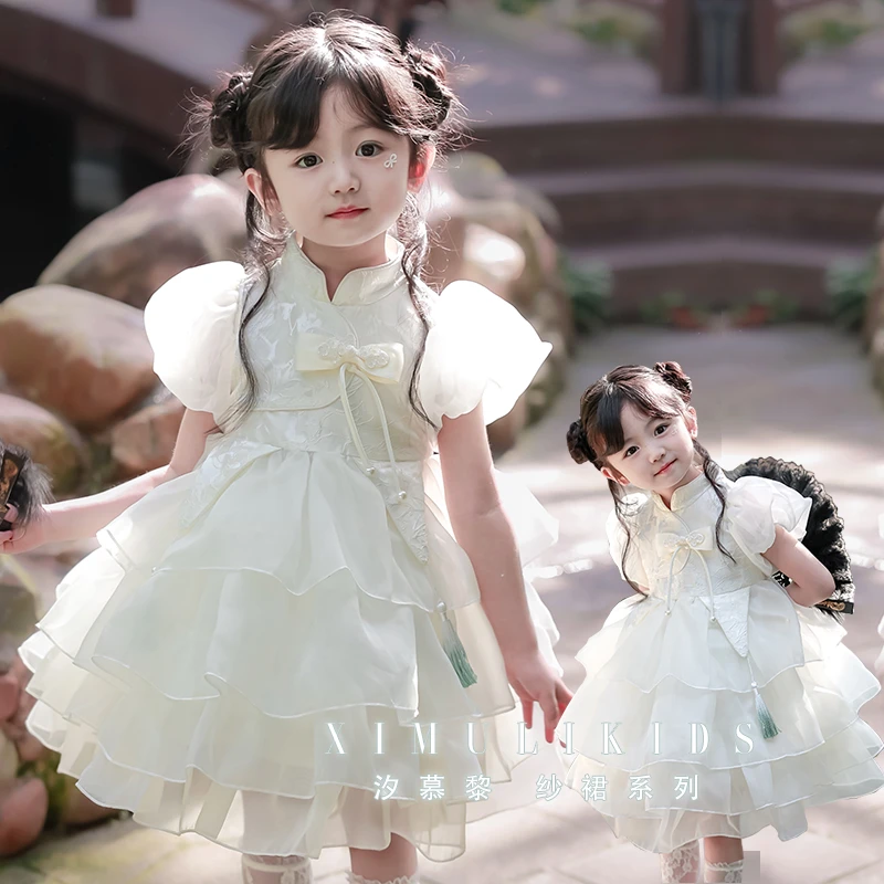 新款小女孩国风新中式洋气儿童泡泡袖网纱蓬蓬裙夏装国风连衣裙