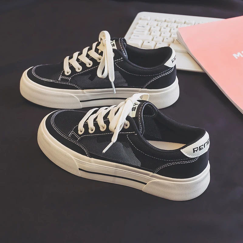 人本网面帆布鞋女2025夏季薄款黑色百搭运动单鞋ins学生低帮板鞋