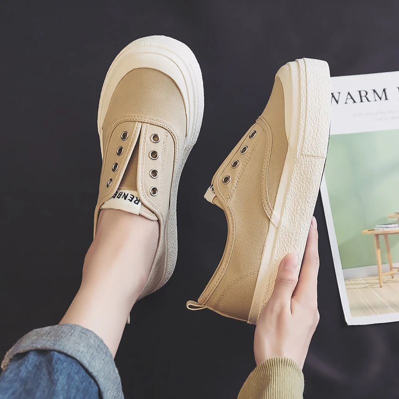 人本一脚蹬帆布鞋两穿单鞋简约风休闲薄款厚底圆头ins小白鞋百搭