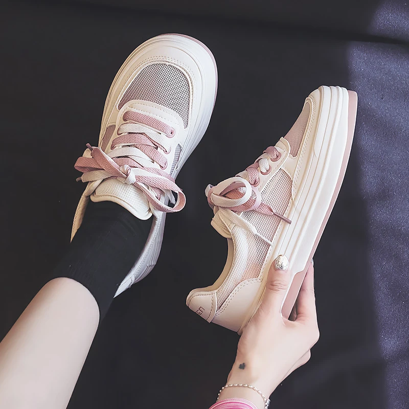 人本渐变网面鞋女夏季薄款百搭厚底单鞋ins小白鞋镂空网眼板鞋