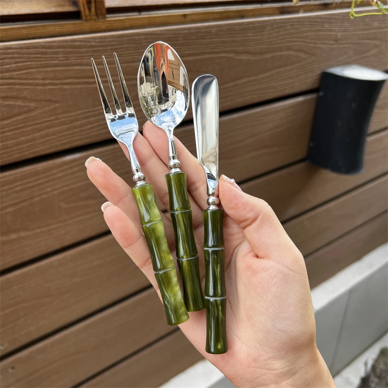 出口复古竹节304不锈钢甜品刀叉勺子套装西餐餐具家用蛋糕水果叉