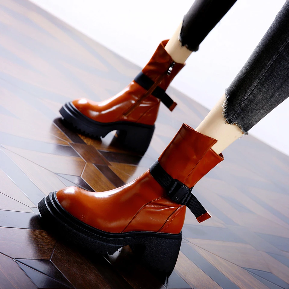 下架[已开价]中粗跟马丁靴2024秋冬弹力扣高跟中筒靴女TT3D65-9