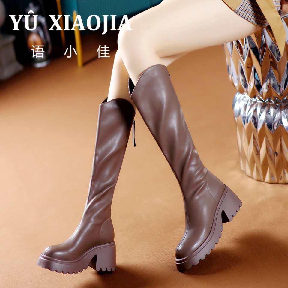 7CM[已经开价]厚底高跟弹力靴2025秋冬季方头粗跟长筒靴23502-1Y