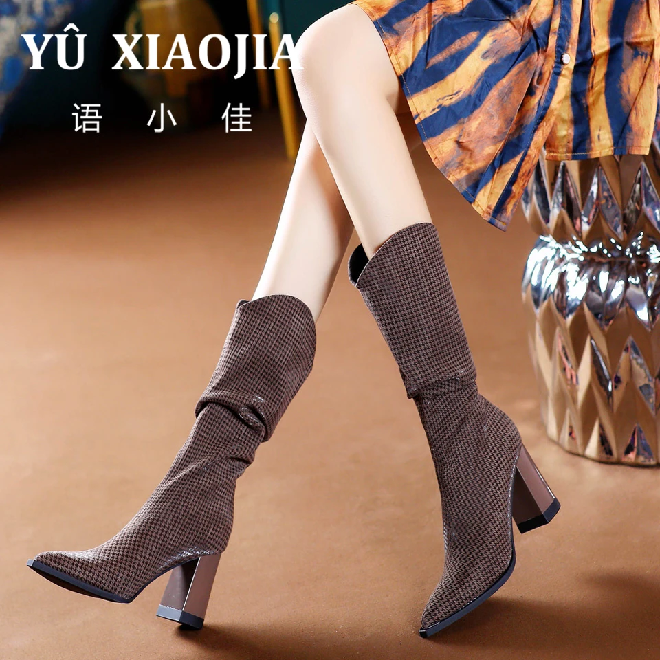 6CM[已开价]高跟鞋女2025年秋冬新款网红褶皱粗跟堆堆中筒靴A1222