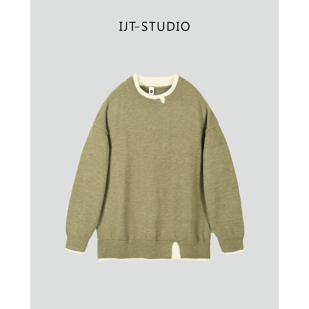 IJT studio休闲百搭纯色宽松质感时尚圆领韩系轻奢毛衣3003