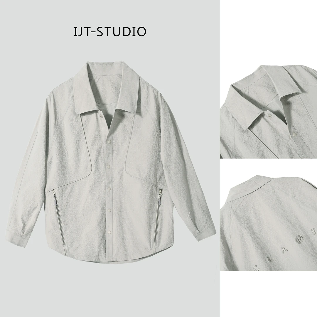IJT studio 早秋休闲百搭衬衣夹克纯色时尚韩系轻奢翻领3362