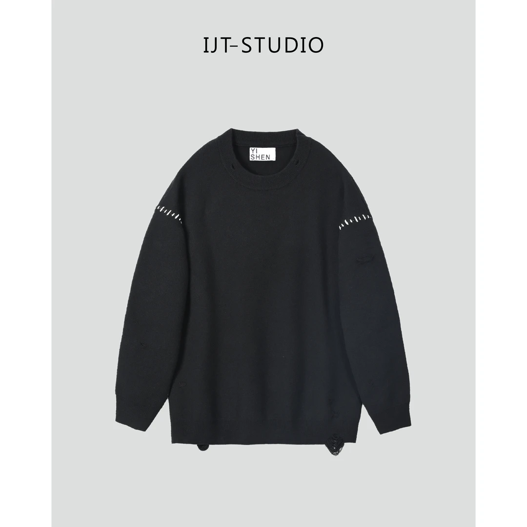 IJT studio休闲下摆做旧男士轻奢百搭宽松圆领时尚简约毛衣35309