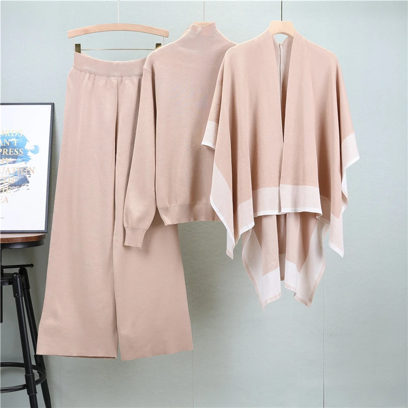 春秋冬季2024新款名媛气质针织时尚套装女毛衣+披肩+阔腿裤三件套