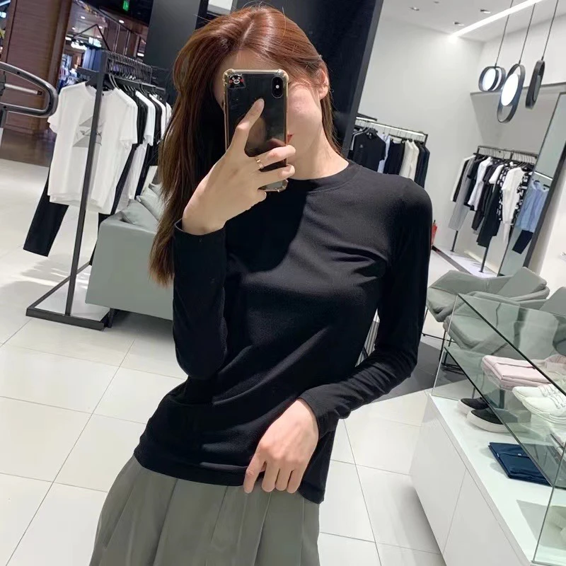 莫代尔长袖T恤女秋2024新款蓝色圆领内搭打底衫高级感修身上衣