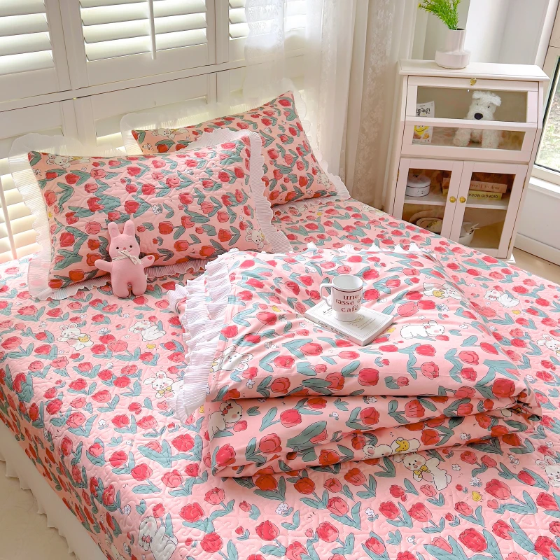 24年新款 韩式田园小清新全棉花边款纯棉斜纹夹棉床盖款四件套