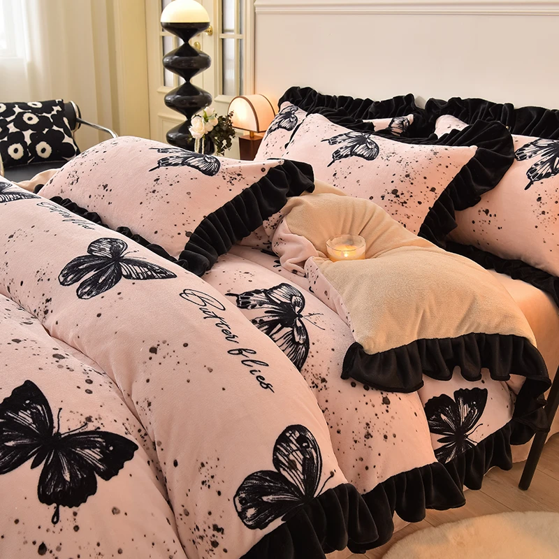 冬季新款 韩版公主风小清新花边款双面绒加厚保暖牛奶绒四件套