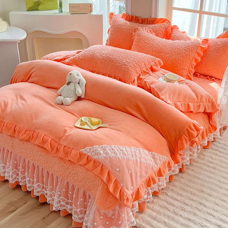 11斤重保暖加厚韩式双层蕾丝花边牛奶绒夹棉床盖四件套