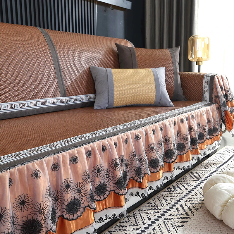 2024新款裙摆PE藤席沙发垫子夏季凉席布艺坐垫套防滑客厅皮沙发罩