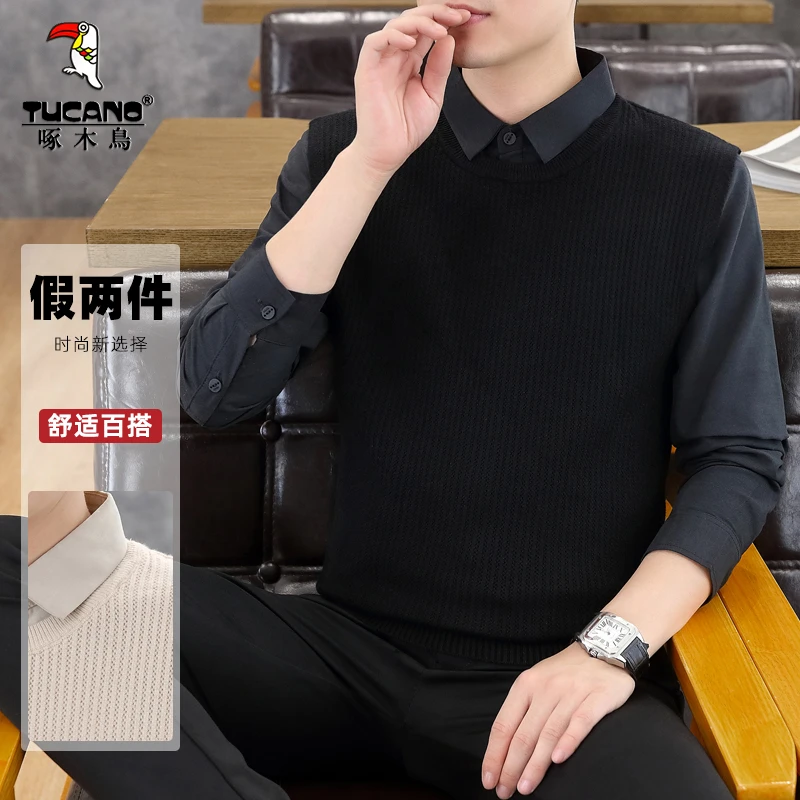 TUCANO/啄木鳥男士毛衣长袖舒适针织衫时尚百搭假两件男士毛衣