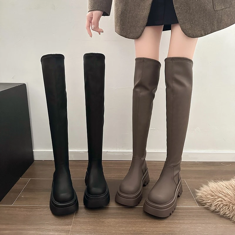 2024款欧洲站薄绒过膝靴厚底高筒靴小个子胖MM瘦瘦靴百搭粗跟骑士