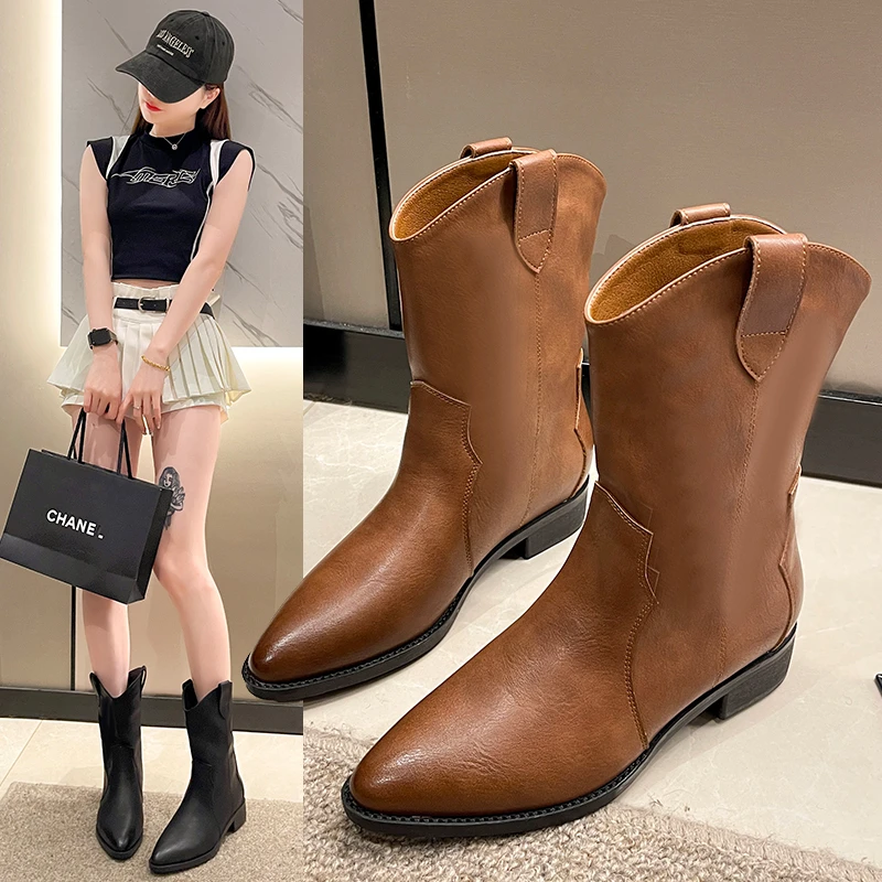 【悠悠私订】2023靴子女真皮粗跟短靴骑士中筒长靴尖头筒靴时尚复古