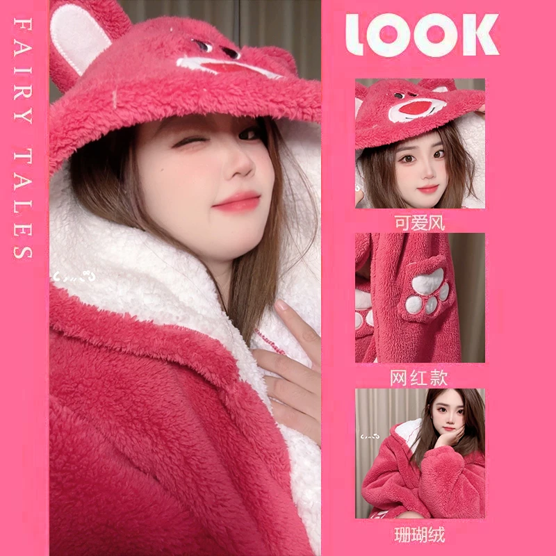 2025新款双层草莓熊加厚睡袍女冬加厚加绒女款爆款网红珊瑚绒睡袍