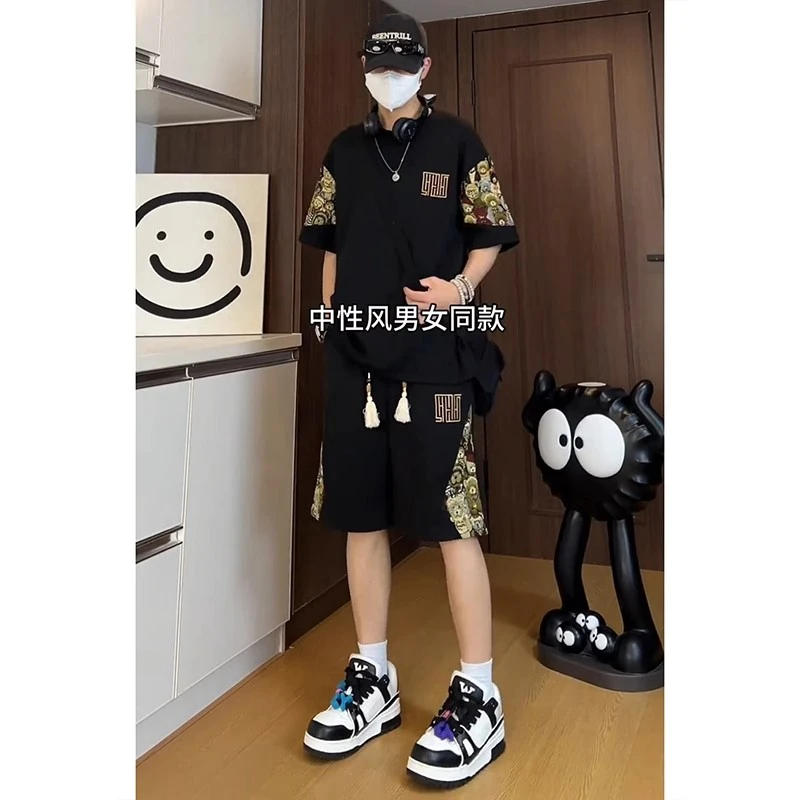 中国风男士夏季运动套装爆款男装2024新款刺绣宽松短袖短裤两件套