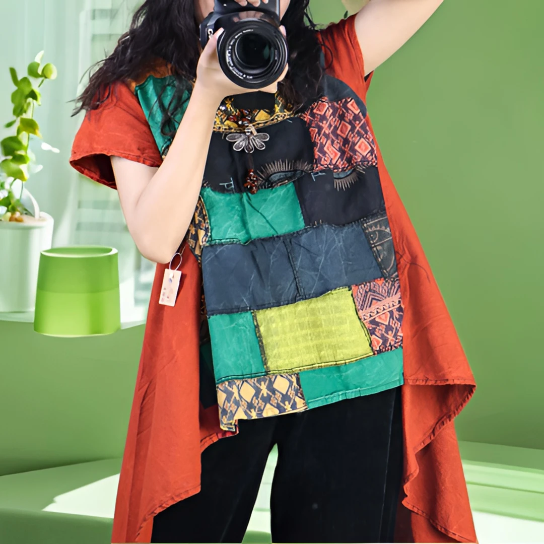 泰国纯手工制作原创设计款拼布时尚棉麻女款不规则短袖春夏季衬衫