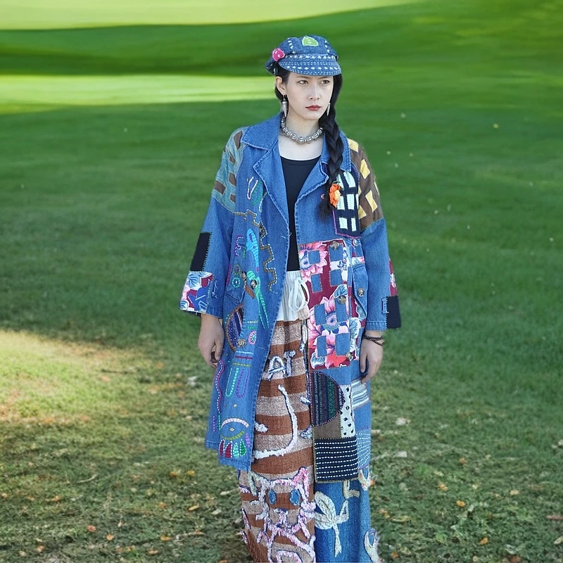 泰国东南亚风纯手工时尚秋冬季民族风重工蓝色牛仔刺绣女士外套