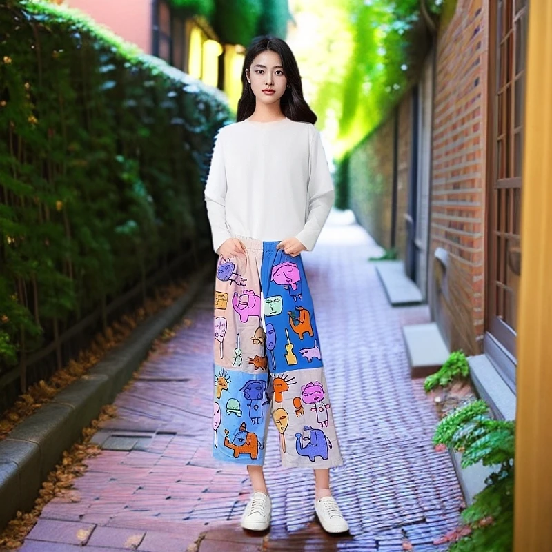 泰国手工刺绣舒适卡通百搭宽松长裤夏季透气薄款运动休闲阔腿裤