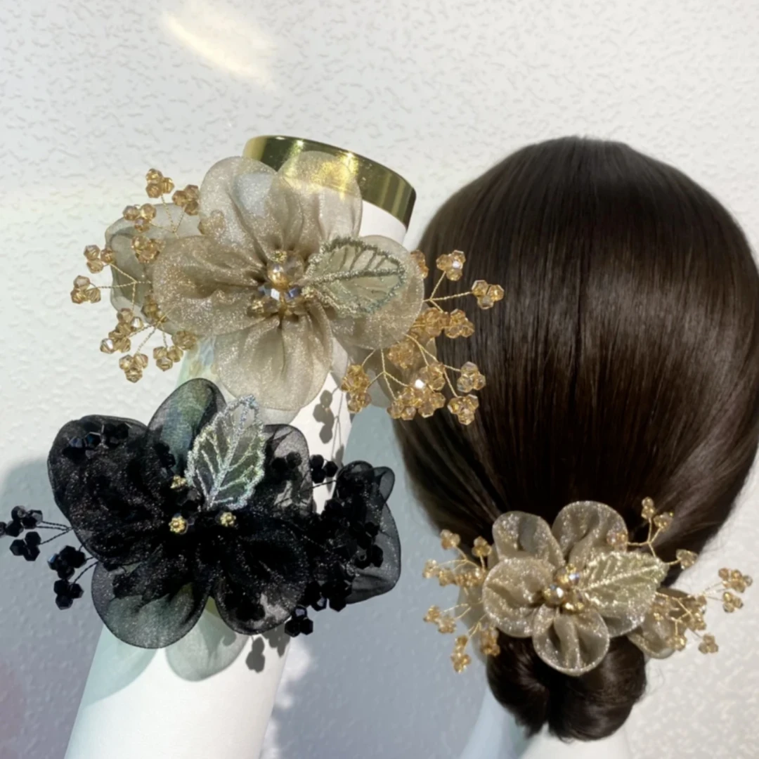 2025新款树叶刺绣纱花发圈马尾头绳轻奢发饰女花头饰