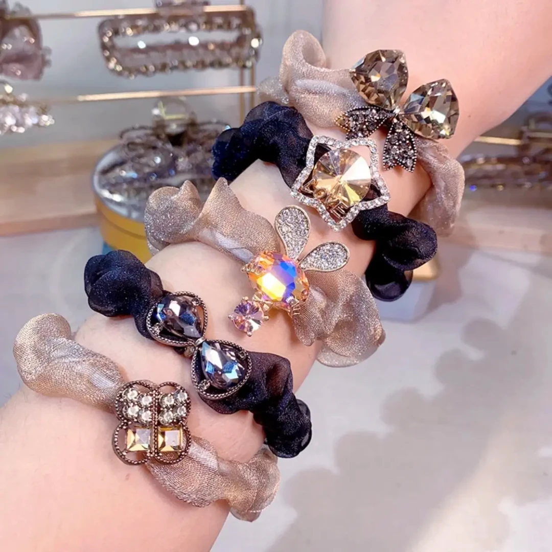 新款精致水钻蝴蝶结头绳女生时尚百搭皮筋高弹力耐用发绳ins头饰