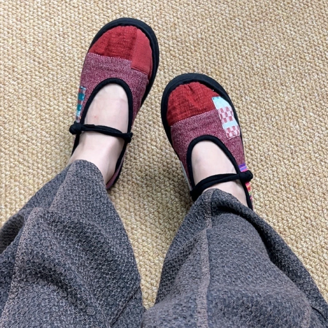 悦唐古韵（枣红色-拼接款）手工千层底布鞋透气舒适休闲养脚软底