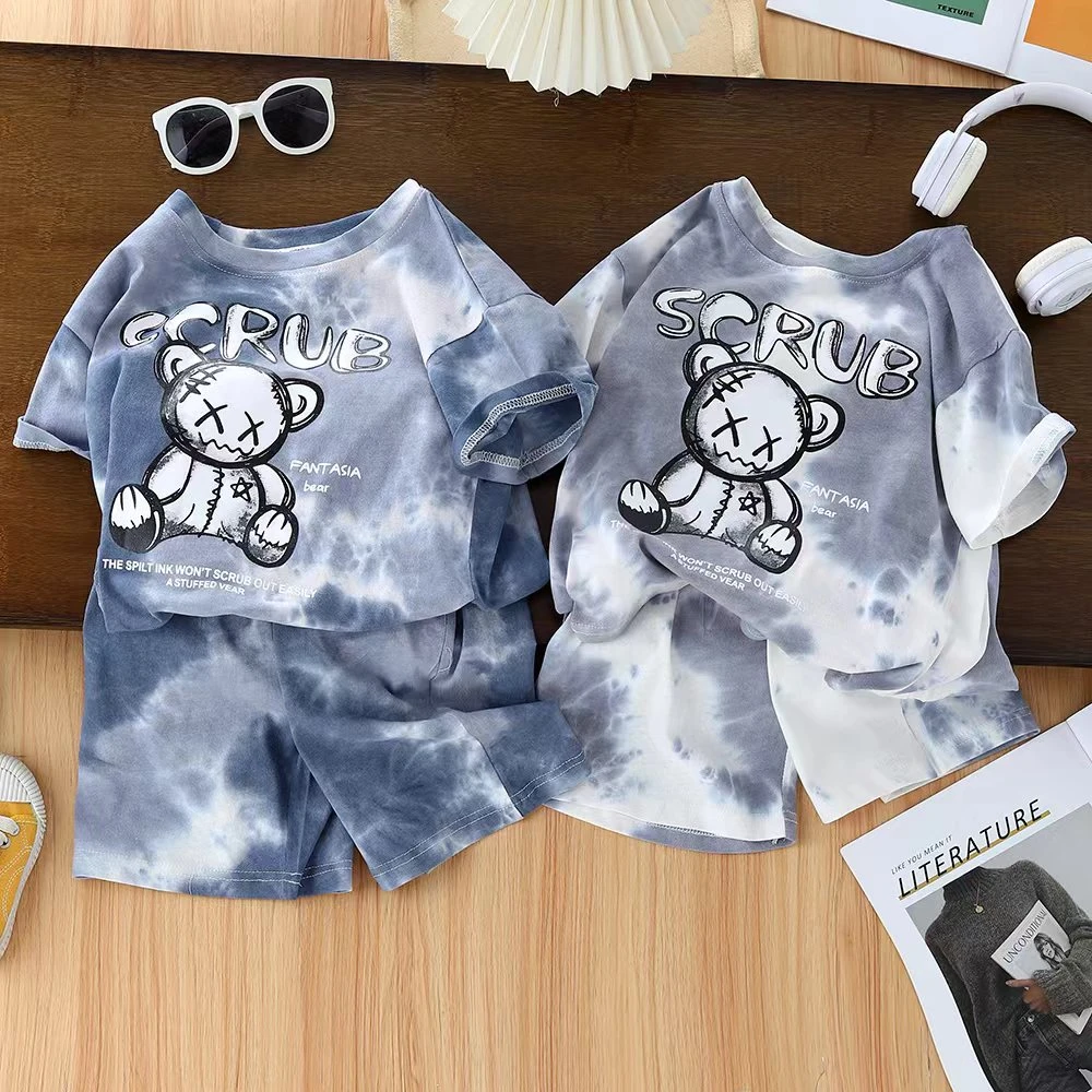 儿童套装男童时尚运动宽松暴力熊帅气扎染夏季中大童炸街韩版洋气